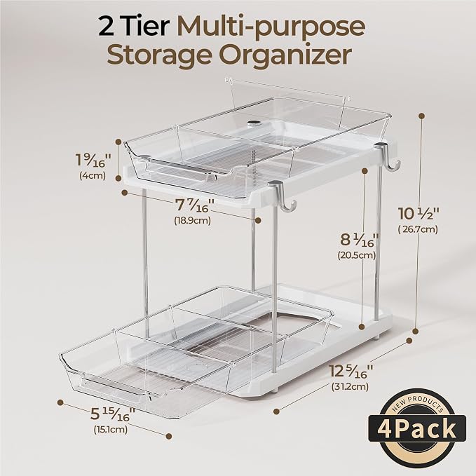 Delamu 2 Tier Under Sink Organizer Bathroom, Bathroom Cabinet Organizer with Snap-Lock Design and Hooks, Pull Out Storage with Movable Dividers, for Countertop, Kitchen and Pantry (White, 4 Pack) - Image 2