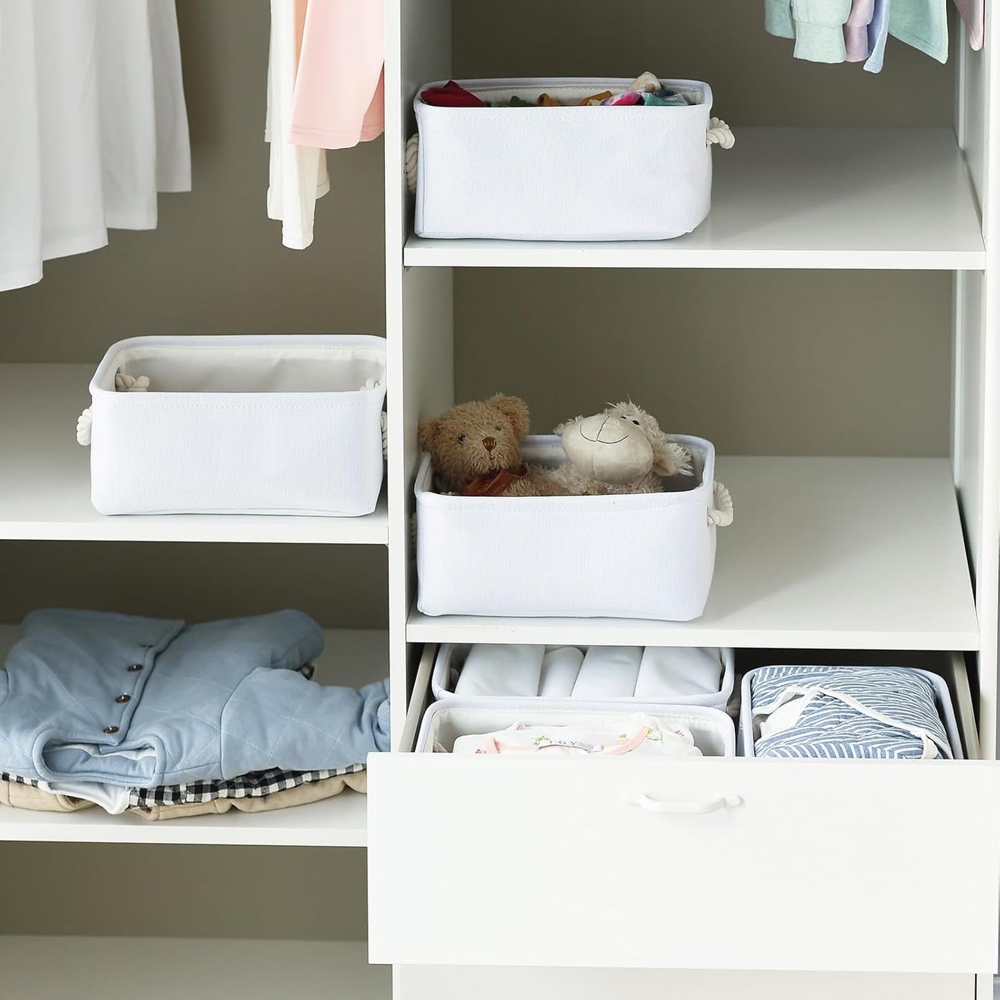 TheWarmHome Storage Basket for Organizing - Small 6 Pack 11.8x7.8x5.2 inch Gifts for Empty with Rope, Fabric Storage Cubes for Decorative Cloth Dog Livehome (White)