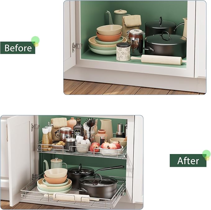 LOVMOR 2 Tier Individual Pull Out Cabinet Organizer 25½" W x 21½" D, Slide Out Kitchen Cabinet Storage Sliding Shelves - Image 6