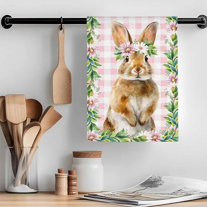 Easter Kitchen Towels Set of 1 Rabbits Daisy Watercolor Plants Spring Pink Plaid Decorative Dish Towels Ultra Soft Microfiber Absorbent Reusable Dishcloths for Kitchen Drying, 18x28 Inch - Image 7