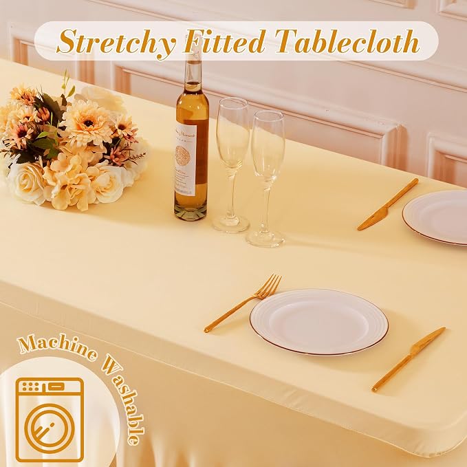 Besutolife 2 Pack Champagne Spandex Tablecloth for 6ft Rectangle Tables Fitted Table Cloth Stretch Table Covers Skirt 6ft Rectangular Tablecloths for Banquet Parties Wedding Decorations - Image 6