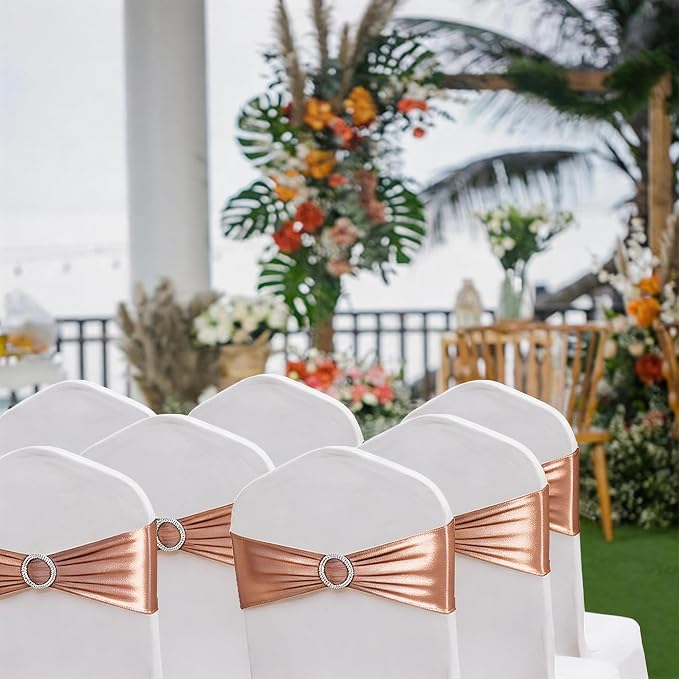 Spandex Rose Gold Chair Sashes 100 Pack Wedding Chair Bows Bands Buckles - Image 7