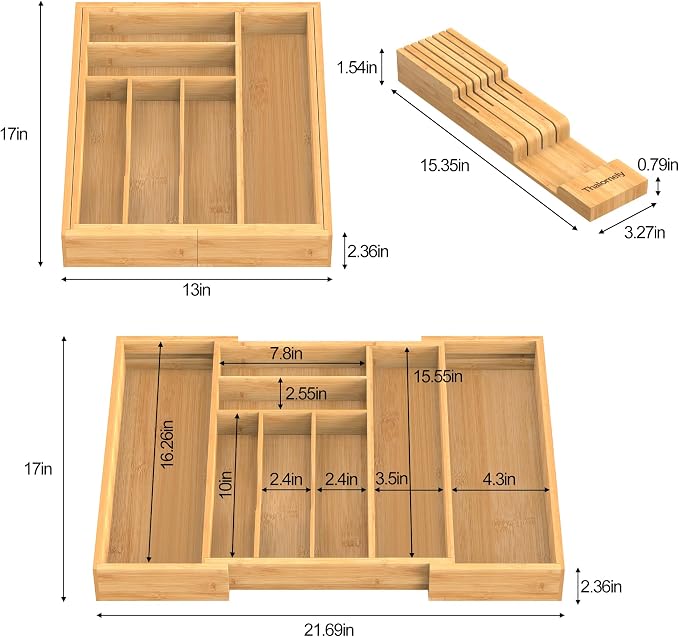 Bamboo Silverware Drawer Organizer, 6-8 Slots Kitchen Drawer Tray | 13"-21.69" Expandable, Utensil Holder & Cutlery Tray with Removable Knife Block, Hold 7 Knives, 2.36" Deep for Extra Capacity - Image 5