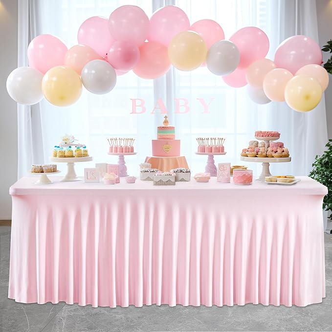 Wish Care 2 Pack Pink Spandex Table Clothes for 4 Foot Rectangle Tables, 4FT Wrinkle Free Fitted Tablecloths Ruffles Design Table Cover for Party, Banquet, Wedding and Events - Image 5