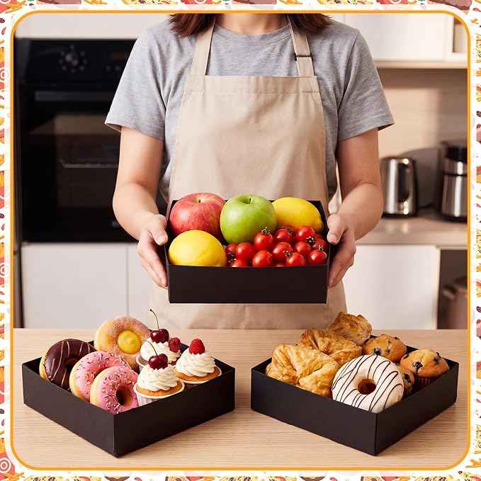 Chinco Black 100 Pcs 7.9 x 7.9 x 2.4 Inch 4 Corner Pop Food Tray Kraft Paperboard Disposable Foldable Cardboard Food and Drink Stadium Containers Movie Night Snack Trays Fries Holder Carrier - Image 6