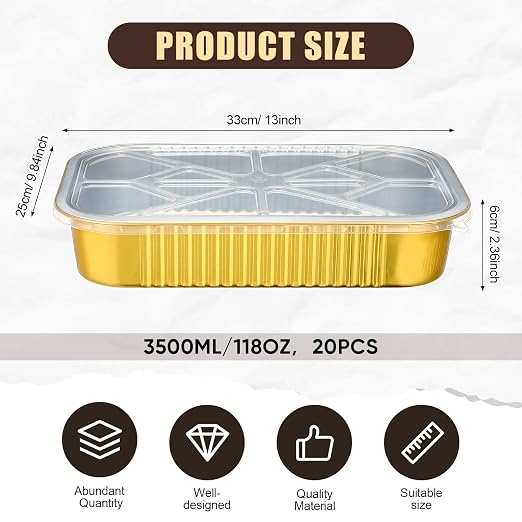 Baderke 20 Set Heavy Duty Aluminum Foil Pans with Lids 9x13, Gold | Double Thick Aluminum Foil Baking Pan, Food Container, Disposable for Heating Cooking Meal Prep Storage Freezer and Takeout - Image 2