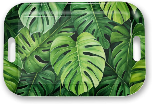 Serving Trays with Handles, 14.5 x 9.8 inch Rectangular Plastic Tray for Restaurant, Kitchen, Tropical Leaf Pattern Monstera in The Style