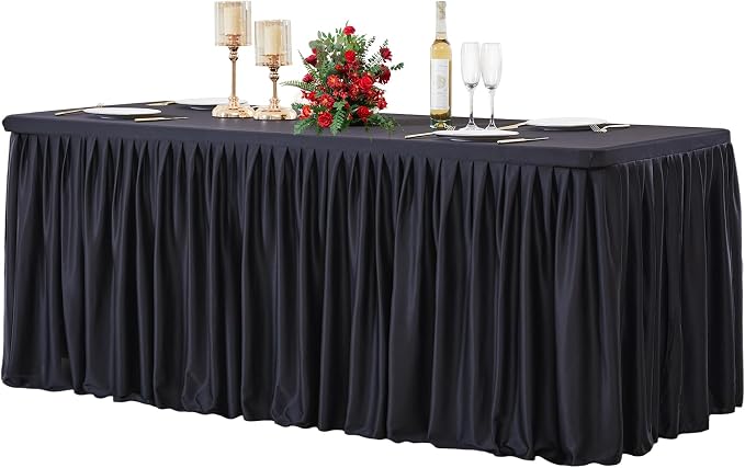 Wish Care Black Polyester Table Clothes for 8 Foot Rectangle Tables, Wrinkle Free Fitted Table Cover with Pleated Ruffle Table Skirt for Birthday Party Wedding Trade Show Event Display by WishCare