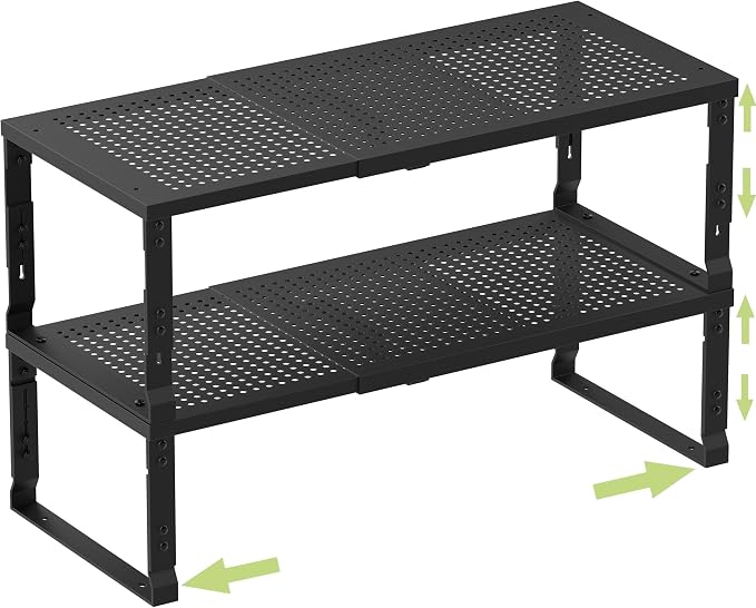 Heavy-Duty Adjustable Metal Shelf Organizer - Expandable & Stackable Pantry Storage Rack for Kitchen, Bathroom, RV, Cabinets(2 Packs/Black, Large) by Unknown