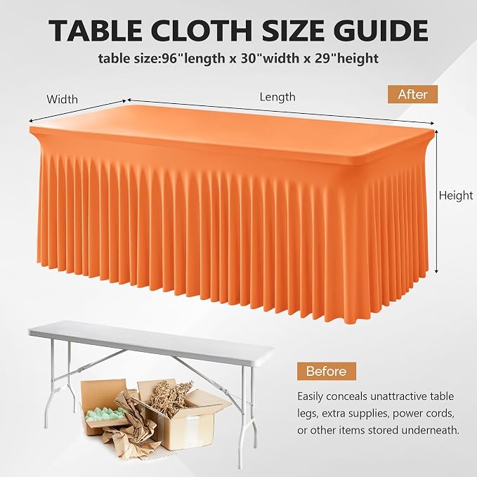Wish Care 6 Pack Orange Spandex Table Clothes for 8 Foot Rectangle Tables, 8FT Wrinkle Free Fitted Tablecloths Ruffles Design Table Cover for Party, Banquet, Wedding and Events - Image 3