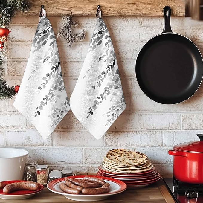 Gray Eucalyptus Kitchen Towels Set of 1, Absorbent Dish Towels for Kitchen, Spring Botanical Plants Weeping Flowers Microfiber Hand Towel, Quick Drying Tea Towel for Cleaning Decorative Dishcloths - Image 6