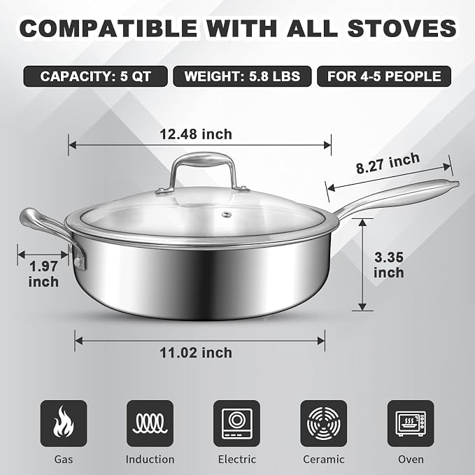 EWFEN 12 Inch Tri-Ply Stainless Steel Frying Pan, Compatible with All Cooktops Up to 600℉, Large Frying Pan with lids, Induction-Ready Skillet, Dishwasher and Oven Safe, Even Heat, 12" Pan+Handle+Lid - Image 3