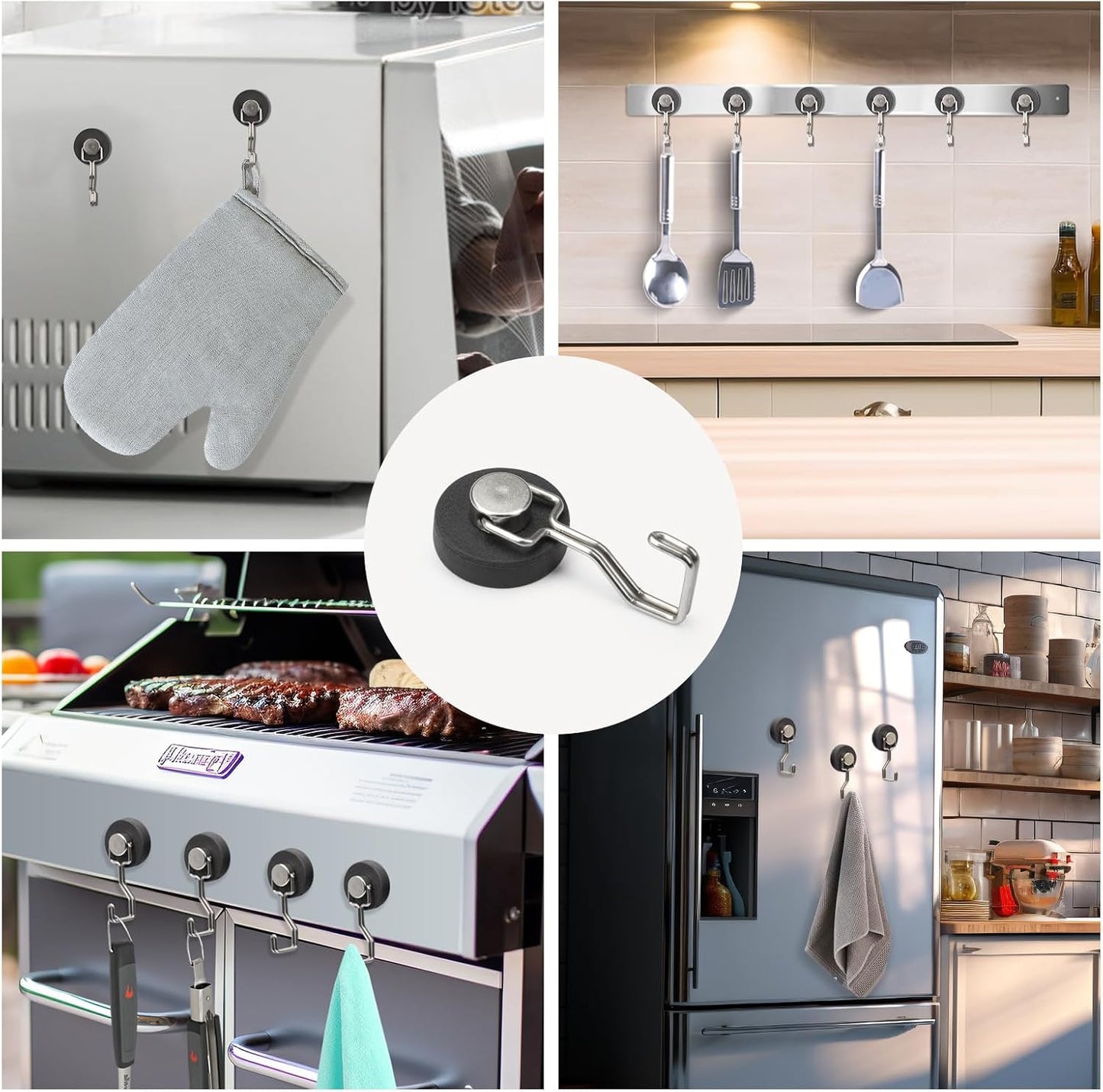 Magnetic Hooks for Outdoor Grill,Essential for Cruise Ship Cabins & Refrigerator,2 Pack Strong Rubber Coated Fridge Hooks, Scratchproof & Waterproof, Holds Keys, Towels, Crafts (Silver)