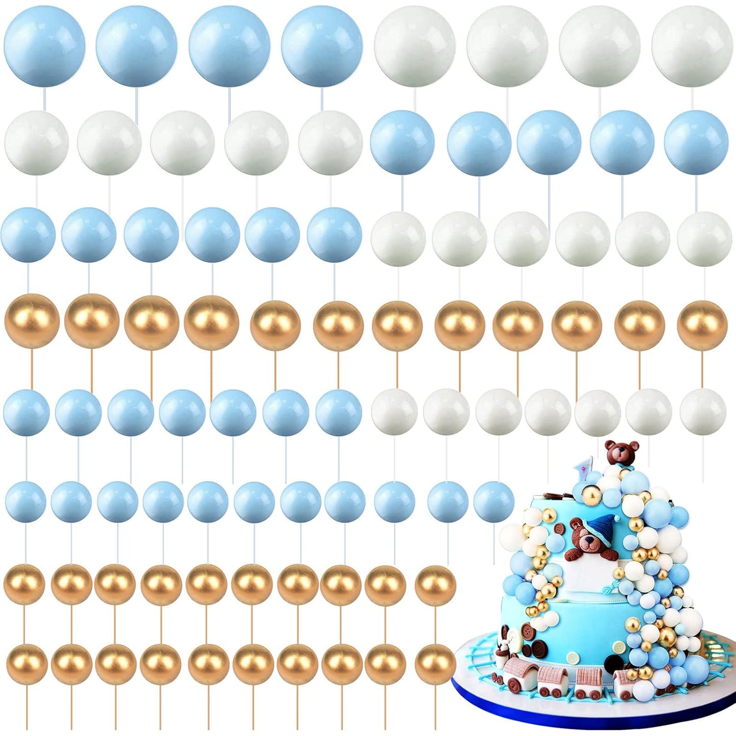 108 Pcs Balls Cake Topper DIY Cupcake Insert Foam Balloons for Cake Baking Wedding Anniversary Birthday Decoration(Blue, White, Gold,Multi Sizes)
