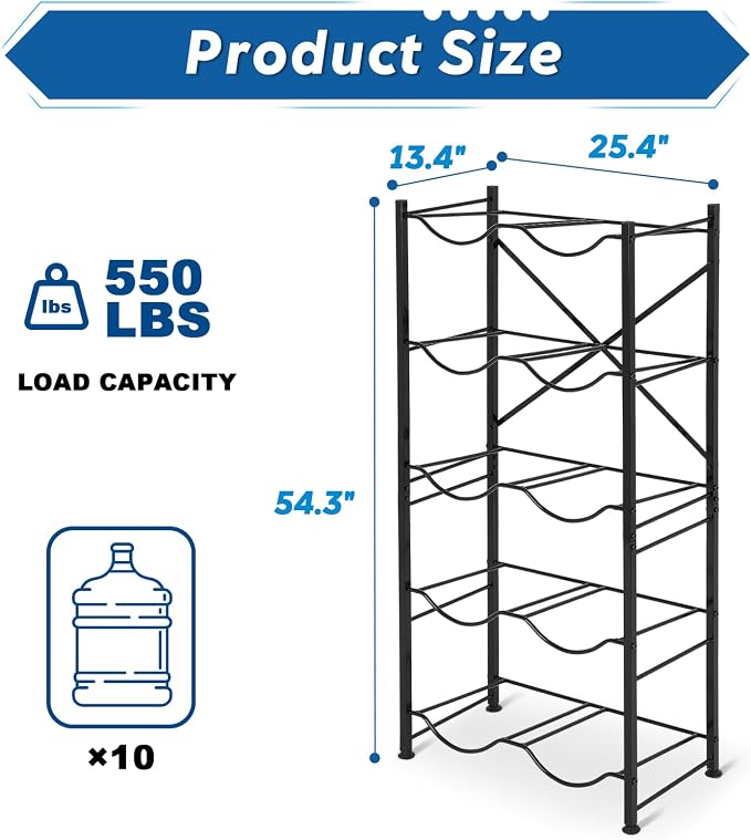 5 Gallon Water Bottle Holder for 10 Bottles, 5 Tiers Row Water Jug Rack | with Detachable Heavy Duty Metal Frame, Space Saving Water Jug Stand for Office, Kitchen, Garage, Gym, and Restaurant - Image 2