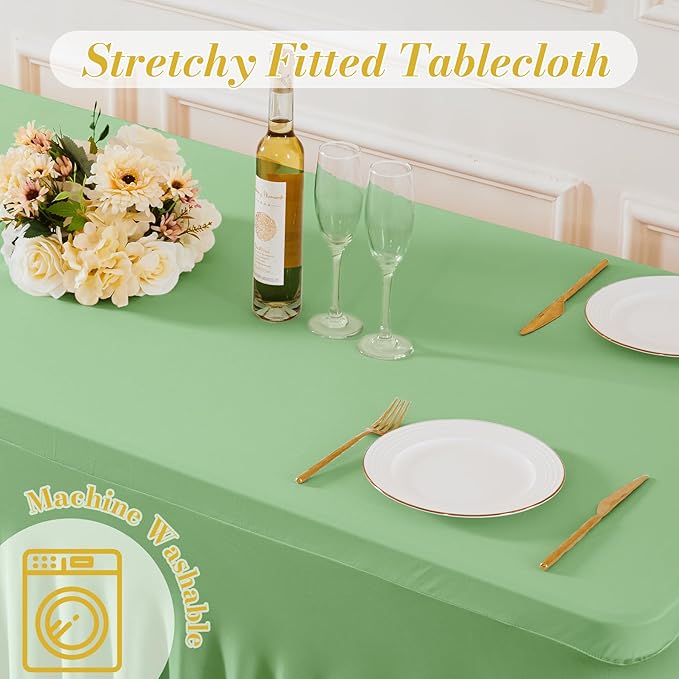 Besutolife 6 Pack Sage Green Spandex Tablecloth for 8ft Rectangle Tables Fitted Table Cloth Stretch Table Covers Skirt 8ft Rectangular Tablecloths for Banquet Parties Wedding Decorations - Image 7