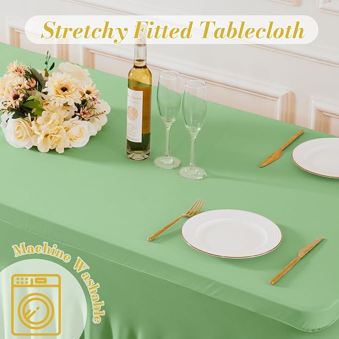 gogoparti 4 Pack Spandex Sage Green Fitted Table Cloth for 8ft Rectangle Tables Sage Green Stretch Tablecloth Table Covers Skirt Banquet Wrinkle Free Tablecloths for Parties Wedding - Image 7