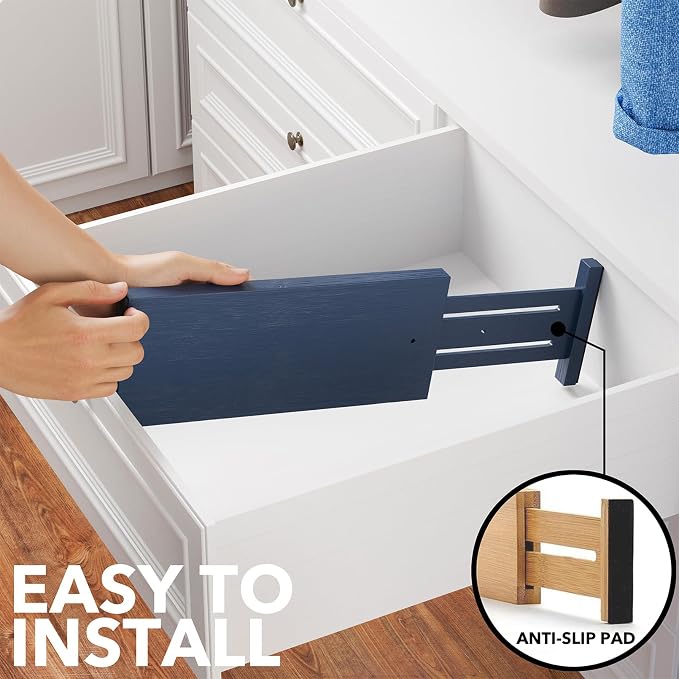 SpaceAid Bamboo 4 Pack Dresser Drawer Dividers, 4.65“ High Adjustable 12.5“-17” Drawer Organizers, Expandable Organization for Clothing, Clothes, Dressers, Navy Blue - Image 6