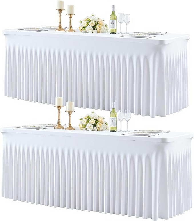 2 Pack White Table Cloth for 8 Foot Rectangle Tables Spandex Fitted Tablecloth 8ft Stretch Table Covers Skirt White Banquet Tablecloths Wrinkle Free Tablecloth for Party Wedding Birthday Event by Tao-GePartyDecorations