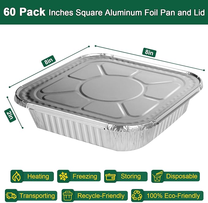 8x8 Aluminum Pans with Lids - 60 Pack Square Disposable Aluminum Foil Baking with Covers - Disposable Baking Pans for Air Fryer, Oven, Cooking - Image 2
