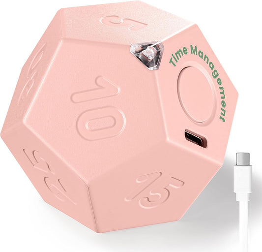 KADAMS Pomodoro Cube Timer Productivity-11 Preset Countdowns, Flip-to-Start Gravity Activation - Sound Vibrate Mute Rechargeable - Ideal for ADHD Kid Kitchen Classroom Cook Study Exercise - Pink