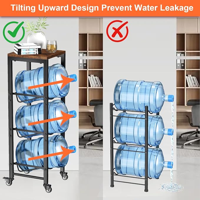 5 Gallon Water Bottle Jug Holder 3-Tier Water Bottle Holder Organizer with Lockable Casters Heavy Duty Water Storage Rack Water Dispenser Stand With Wood Top Shelf for Kitchen Office Garage Brown - Image 4