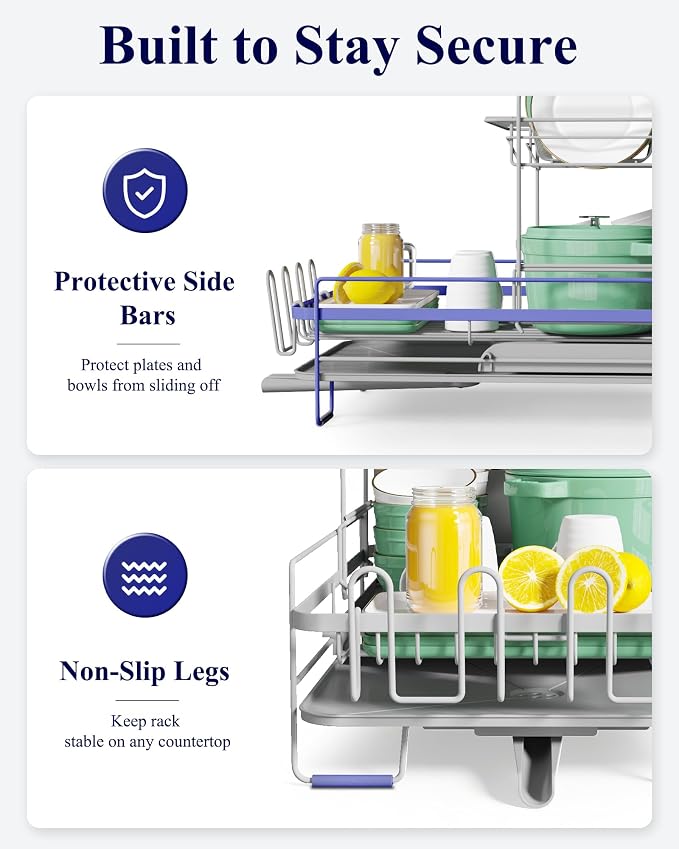 Kitsure Extendable Dish Drying Rack, 19.2"-26.7" L x 12.9" W, 2-Tier - Image 6