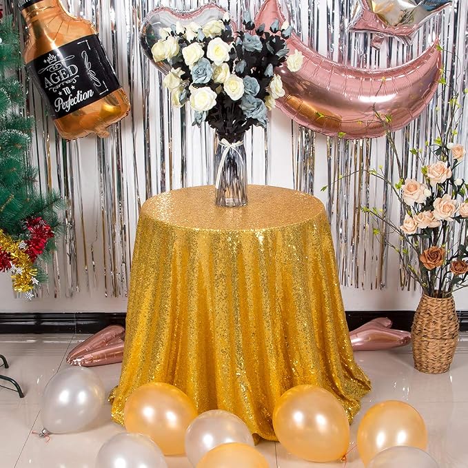 JYFLZQ Gold Sequin Tablecloth, Glitter Party Table Cover 70 Inch Round by JYFLZQ
