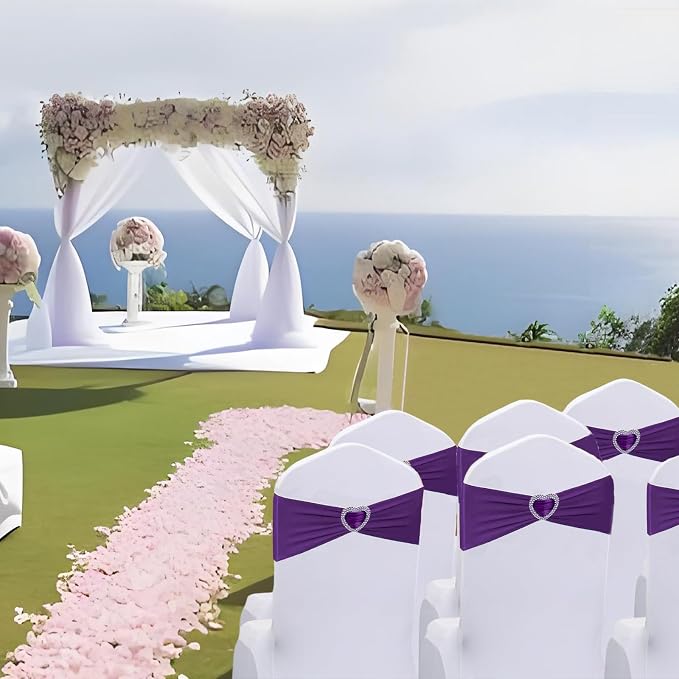 Purple Chair Sashes 50 Pack Spandex Purple Sashes for Chairs Covers Universal Stretch Chair Sashes Band with Heart Buckle Slider Sashes Bows for Wedding Banquet Party Decorations - Image 6