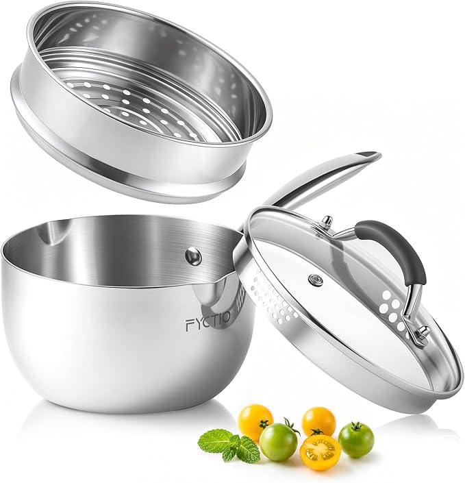 Tri-Ply Stainless Steel Sauce Pan, 2.5 Qt Saucepan with Steamer by FyctioHome