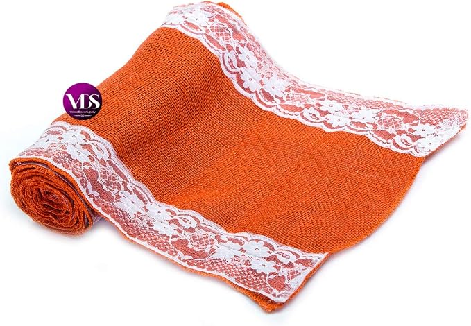 VDS Pack of 5, Burlap Table Runner with White Lace Edge, 100% Natural Jute Rustic Hessian Table Cloth Centerpiece for Wedding Birthday Party Banquet Table Decoration (Size 12X108 Inch)(Orange) - Image 3