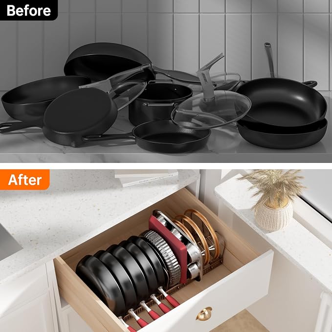 MUDEELA Expandable Pot Pan Lid Organizers inside Cabinet, 12 Divider-Bronze - Image 6