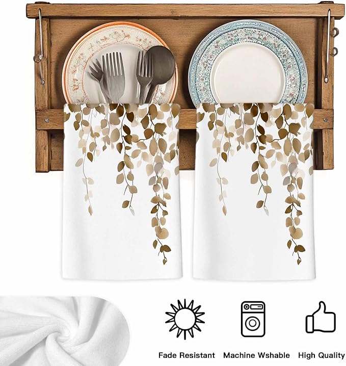 Brown Eucalyptus Kitchen Towels Set of 1, Absorbent Dish Towels for Kitchen, Spring Summer Botanical Plants Chic Microfiber Hand Towel, Quick Drying Tea Towel for Cleaning Decorative Dishcloths - Image 5