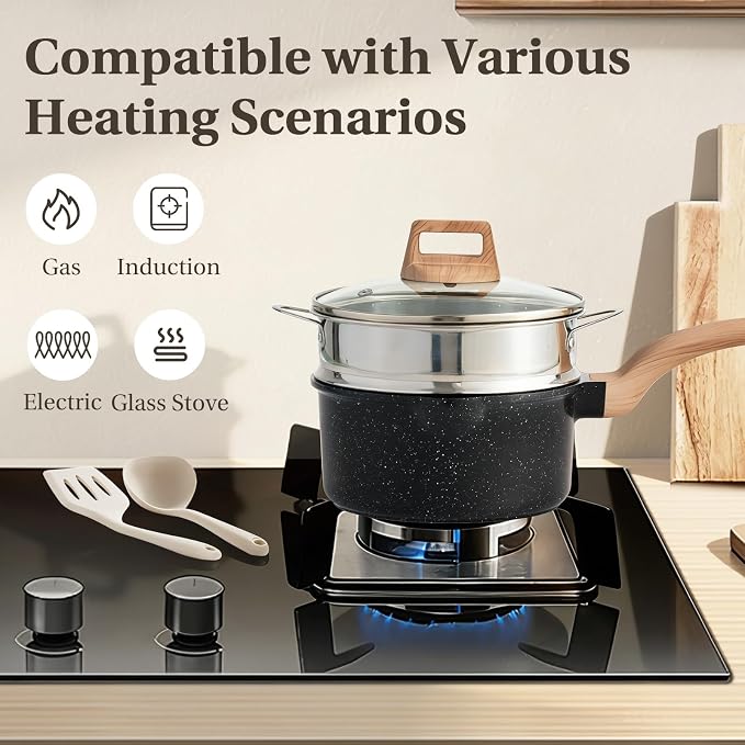 NEWBULIG 25-Piece Nonstick Cookware Set, Granite Coating, Induction, Black - Image 6