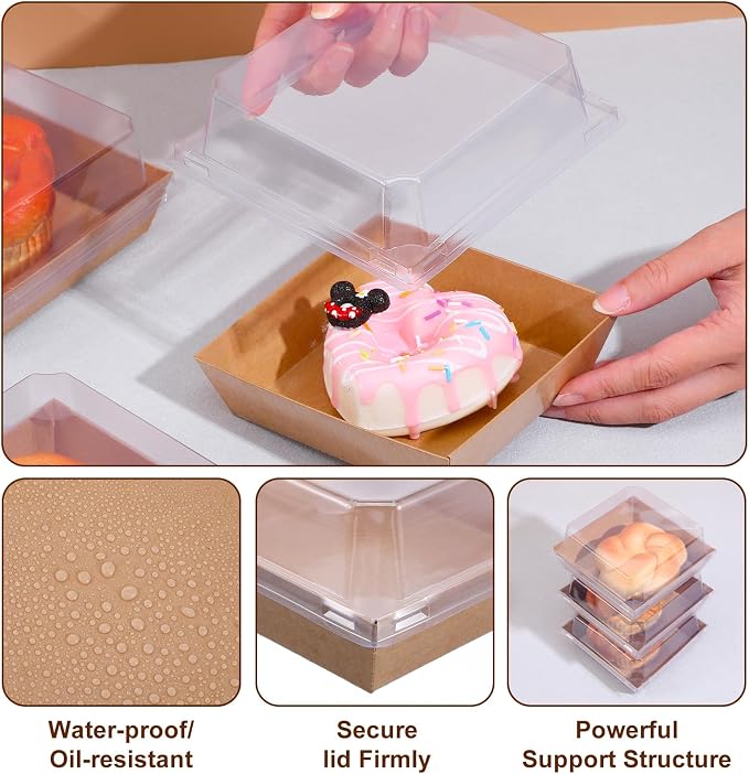 150 Pack 4 Inch Small Charcuterie Boxes with Clear Lids Disposable Paper Dessert Food Boxes Containers for Cake, Cookies, Strawberries, Bakery, Party - Image 3