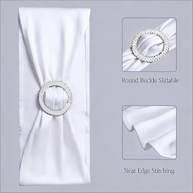 Wedding White Chair Sashes 100 Pack Spandex Chair Bands with Buckles Slider Chairs Bows for Party Birthday Bridal Shower Engagement Anniversary Christmas Event Decorations - Image 4