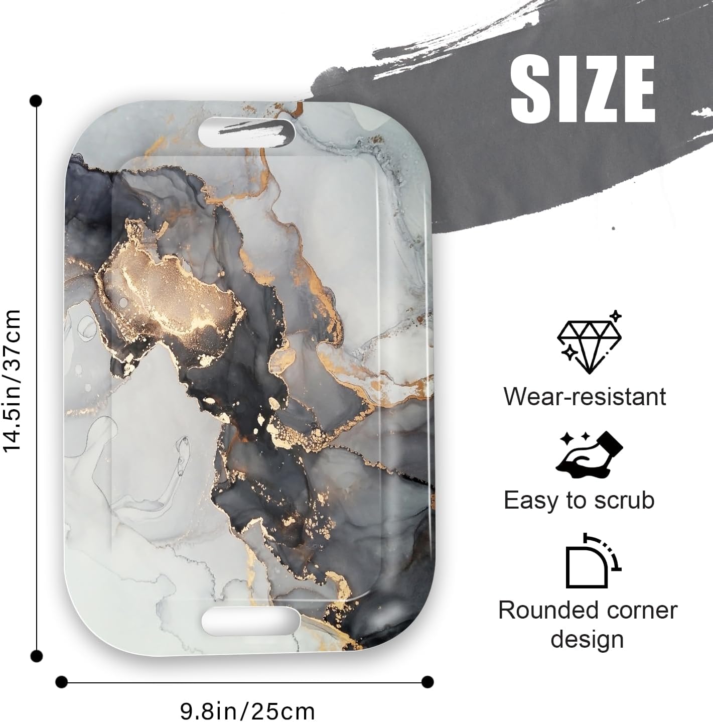 Serving Trays with Handles, 14.5 x 9.8 inch Rectangular Plastic Tray for Restaurant, Kitchen, Gray and Golden Marble