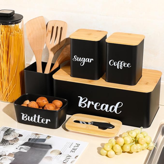 Domensi Metal Bread Box and Ceramic Butter Dish with 3 Airtight Kitchen Canisters Farmhouse Storage Canister Set for Kitchen with Bamboo Cutting Board Lid and Stainless Steel Butter Knife(Black) - Image 5