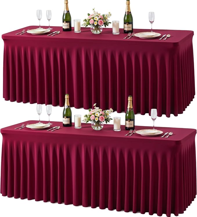 2 Pack Burgundy Table Cloth for 8 Foot Rectangle Tables Spandex Fitted Tablecloth 8ft Stretch Table Covers Skirt Burgundy Banquet Tablecloths Wrinkle Free Tablecloth for Party Wedding Birthday Event by Tao-GePartyDecorations