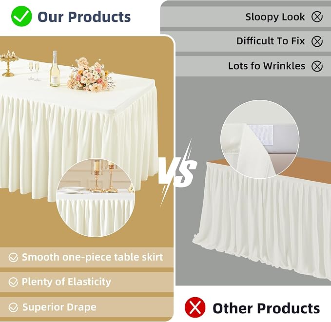 PARTISKY 6 Pack Ivory Tablecloths for Rectangle Tables 8ft, Wrinkle Resistant Spandex Table Cover Fitted Stretch Table Cloth with Pleated Ruffle Skirts for Party Banquet Dining Birthday Wedding - Image 2