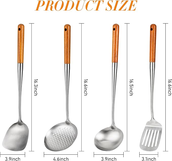 FJNATINH 17inch Wok Spatula and Ladle, Skimmer Spoon, Slotted Turner Spatula Set 304 Stainless Steel Kitchen Utensils Sets, 4-Pieces Cooking Utensils Tools Wok Accessories - Image 4