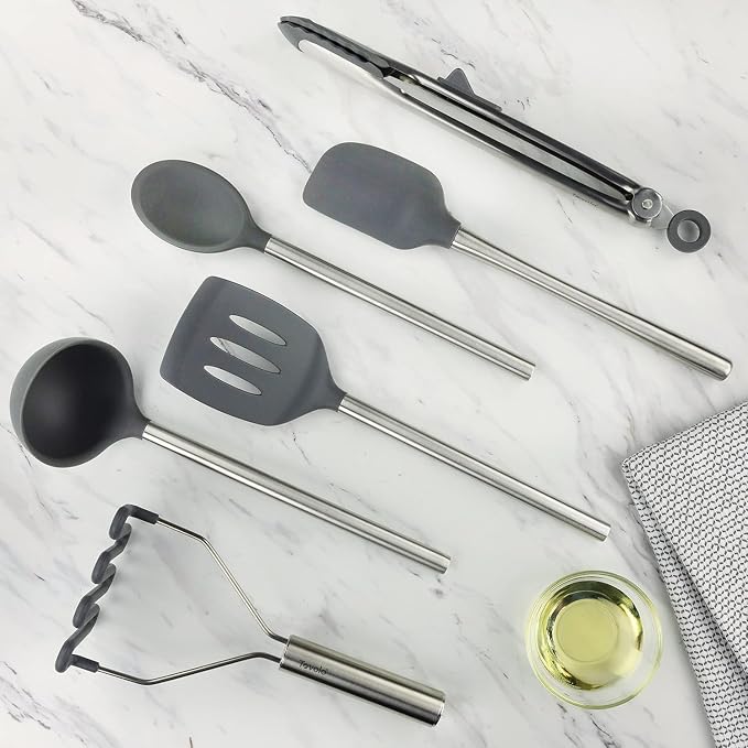 Tovolo Silicone Cooking Utensil Set of 6 Stainless Steel Handle Ladle Slotted Turner Tongs Flex Core Spatula Scraper Mixing Spoon & Potato Masher, Dishwasher Safe BPA Free Utensils, Charcoal Gray - Image 3