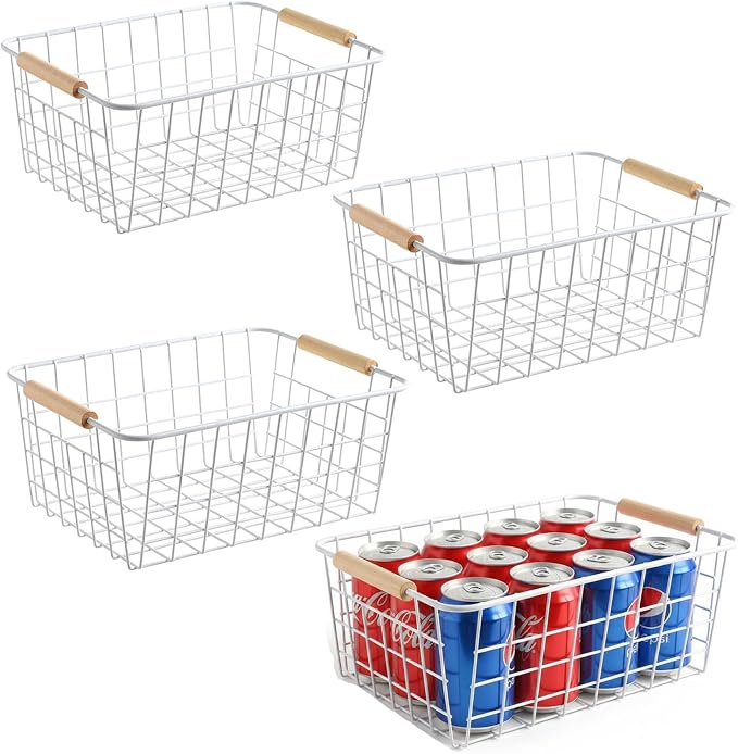 Kitchen Wire Baskets Farmhouse Decor Metal Food Storage Organizer,Household Refrigerator Bin with Built-in Handles for Cabinets, Pantry,Bathroom 4 Packs (white) by Aeggplant