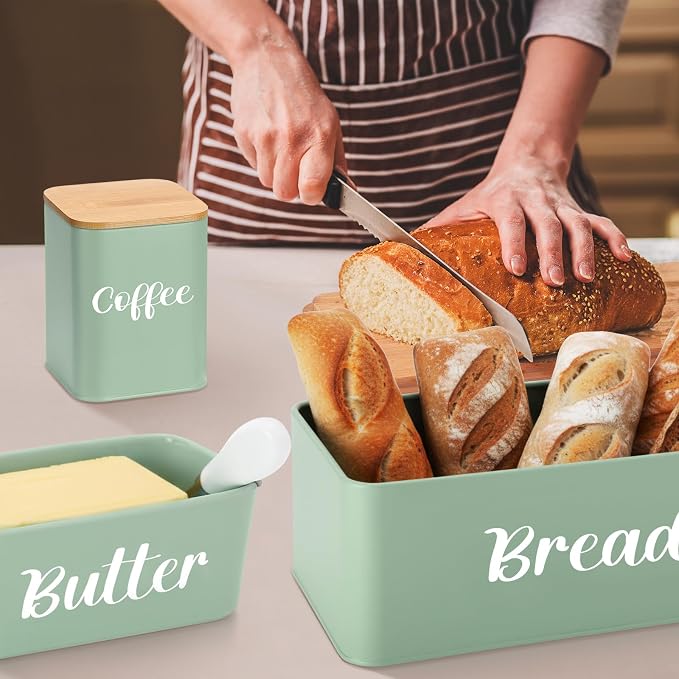 Domensi Metal Bread Box and Ceramic Butter Dish with 3 Airtight Kitchen Canisters Farmhouse Storage Canister Set for Kitchen with Bamboo Cutting Board Lid and Stainless Steel Butter Knife (Green) - Image 5