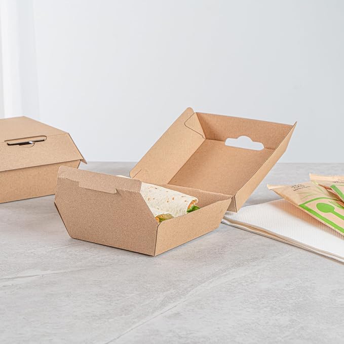 Restaurantware Clamshell Take Out Container 100 Pack of 4 x 4 x 2.8 Inch Paper Sustainable Take Out Box Grease-Resistant Food Box Kraft Burgers and Sandwiches Container - Image 4