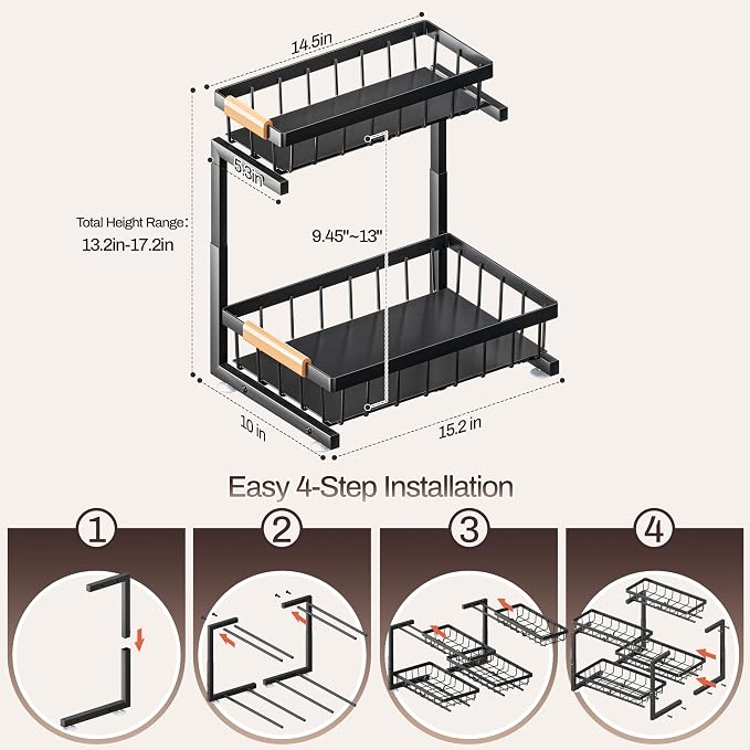 ADBIU Under Sink Organizer, 2 Pack 2 Tier Expandable Height (13.2" - 17.2") Pull out Kitchen Bathroom Cabinet Organizers and Storage Shelf - Image 2