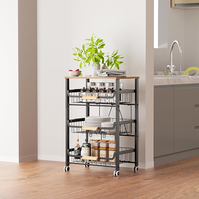 NiuYichee 4-Layer Fruit Basket Kitchen Food Organizer and Rack, Stackable Storage Cart with Desktop, Pull-Out Hollow Metal Basket, Sliding Out Storage (Black 4-Layer Rack) - Image 2