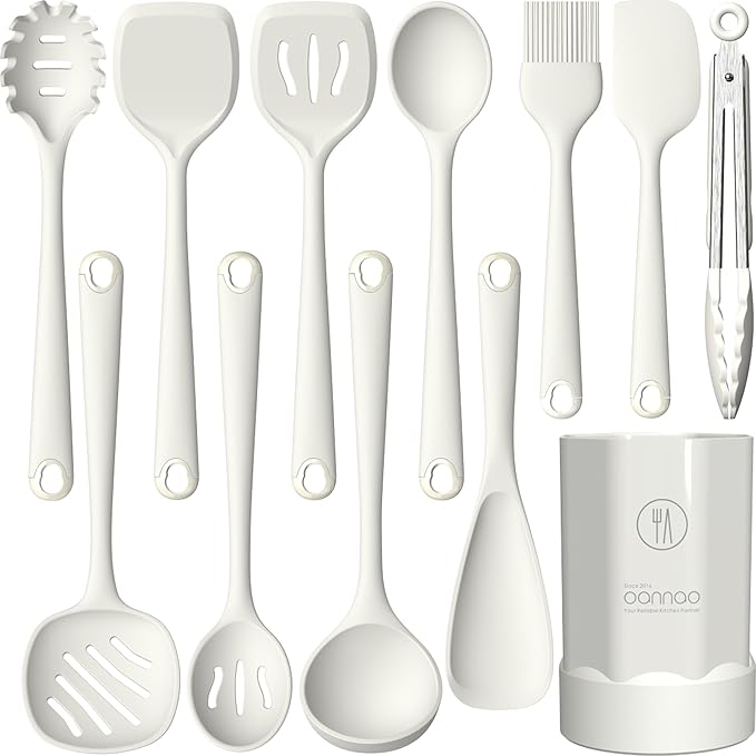Silicone Kitchen Utensils Set,Utensils Sets for Cooking, Dishwasher Safe | Seamless Spatula Set for Nonstick Cookware, BPA-Free,Heat Resistant up to 600°F, House warming Gift, Cream White by oannao