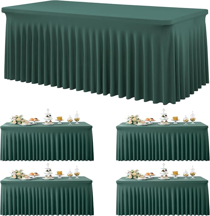 4 Pack Hunter Green Spandex Tablecloths for 6 Foot Rectangle Tables, Wrinkle Free Fitted Tablecover 6ft Stretchy Table Clothes with Skirt for Weddings Birthday Party Banquet Baby Shower by Htper