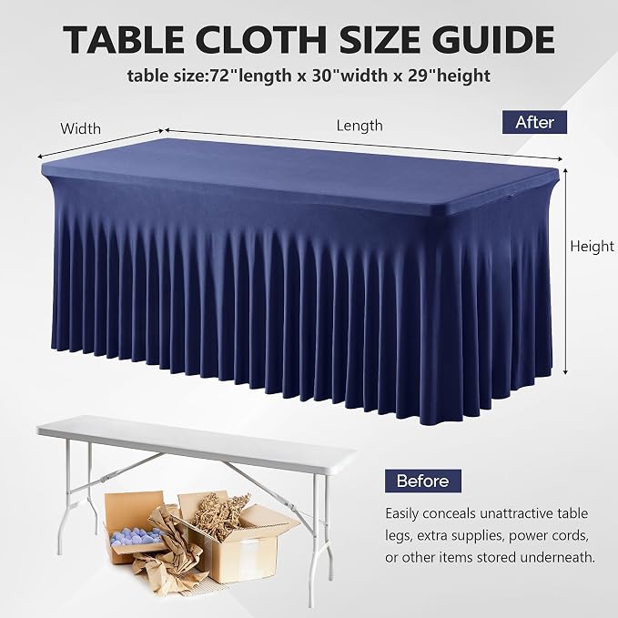 Wish Care 2 Pack Navy Blue Stretch Spandex Table Clothes for 6 Foot Rectangle Tables, 6FT Wrinkle Free Fitted Tablecloths Ruffles Design Table Cover for Party, Banquet, Wedding and Events - Image 3